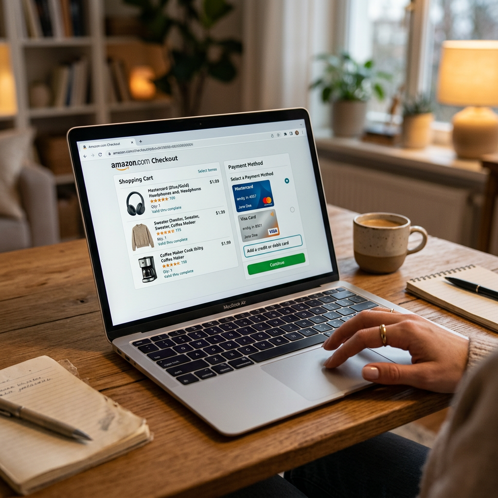 Amazon checkout page showing shopping cart items and payment method selection